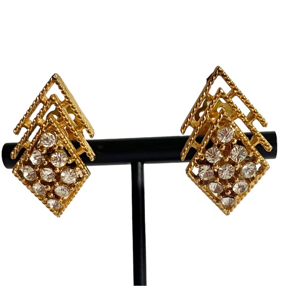 Vintage LISNER Clip On Earrings Gold Tone & Rhinestone Earrings 80s Chic Glam - Picture 11 of 11